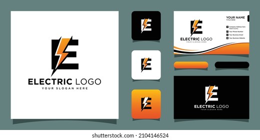 Initial E Letter with Lightning Bolt Logo Vector Design with business card design template