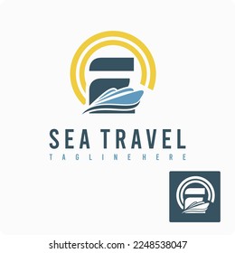 Initial E Letter with Ship Marine, Wave and Sun Icon for Travel Holiday Agency Business Logo Idea Template