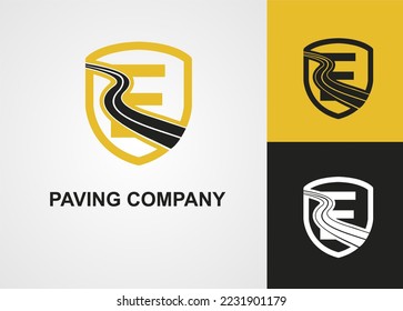 Carta E inicial con la idea de plantilla de logotipo de Street Asphalt, Paving and Shield for Construction Business. Carretera de mantenimiento