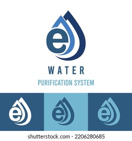 Letra e inicial con icono de gota de agua para sistema de purificación de agua, idea del logotipo de negocios cosméticos naturales
