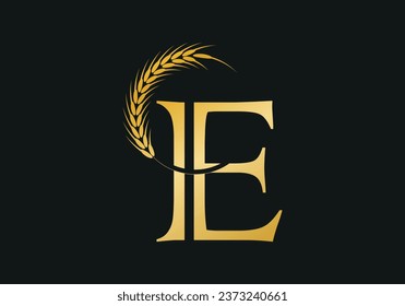 Initial E Letter with Wheat Grain for Bakery, Bread, Cake, Café, Pastry, Healthy Food, Cafeteria, Home Industries Business Logo Vector Idea