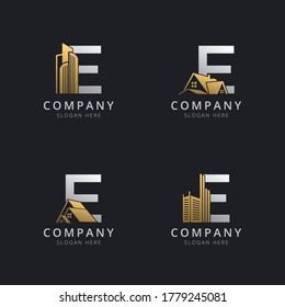 Initial E logo with real estate elements in gold and silver color