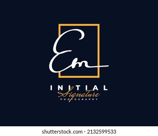 Initial E and M Logo Design with Frame in Elegant and Minimalist Handwriting Style. EM Signature Logo or Symbol for Wedding, Fashion, Jewelry, Boutique, and Business Identity