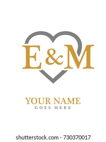 Initial E & M with love background logo template vector