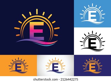 Initial E monogram alphabet with abstract sun and wave. Ocean sun logo design. Font emblem