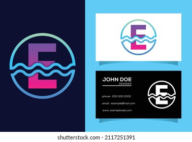 Initial E monogram alphabet in a circle with water waves. Water wave logo design
