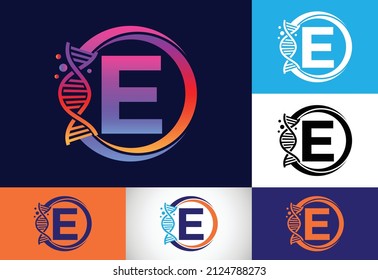 Initial E monogram alphabet in a circle with DNA. Genetics logo design concept. Logo for medicine, science, laboratory, business, and company identity