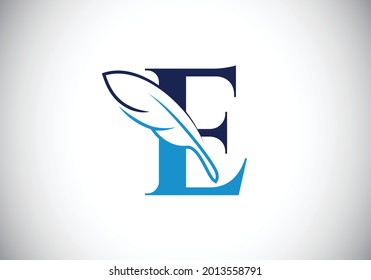 Initial E monogram alphabet with a feather. Font emblem. Law firm icon sign symbol. Modern vector Logo for a writer or publishers business and company identity