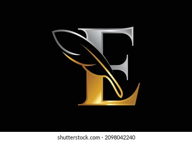 Initial E monogram alphabet with a feather. Font emblem. Law firm icon sign symbol. Modern vector Logo for a writer or publishers business and company identity