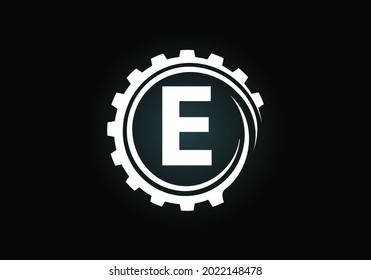 Initial E monogram alphabet in a gear spiral. Gear engineer logo design. Logo for automotive, mechanical, technology, setting, repair business, and company identity