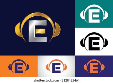 Initial E monogram alphabet with a headphone. Headphone Logo. Music sign symbol. Font emblem.