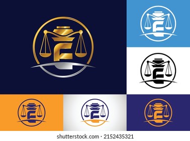 Initial E monogram alphabet with law scale sign symbol. Law office vector logo design template