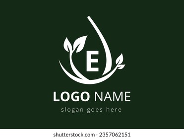 Initial E monogram alphabet with leaf and swoosh. Eco-friendly logo concept.