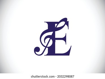 Initial E monogram alphabet with a musical note. Symphony or melody signs. Musical sign symbol. Font emblem. Modern vector logo design template.