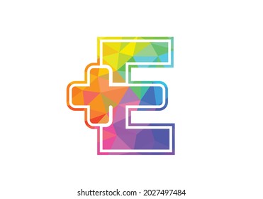 Initial E monogram alphabet with a plus logo sign. Low poly art style. Font emblem. Modern vector logo for medical or health business, and company identity
