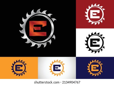 Initial E monogram alphabet with the saw blade. Carpentry, woodworking logo design. Font emblem. Modern vector logo for sawmill business and company identity