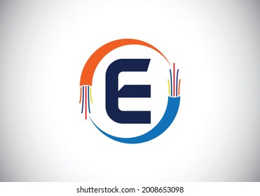 Initial E monogram letter alphabet with electric wire, optical fiber cable. Font emblem. Modern vector logo design for technology labels, electric business, and company identity