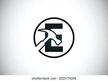 Initial E monogram letter alphabet with a Hammer. Repair, renovation, and construction logo. Modern vector logo for construction business, and company identity