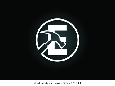 Initial E monogram letter alphabet with a Hammer. Repair, renovation, and construction logo. Modern vector logo for construction business, and company identity