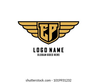 Initial E & P wing shield logo template vector