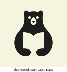 Initial Educated Bear Logo Negative Space Vector Template. Bear Holding Book Symbol