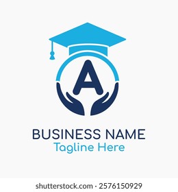 Initial A Education Logo with Graduation Logo. School Education Care and Hand Logo Concept. Student Help Logo Design Vector