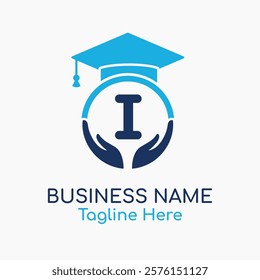 Initial I Education Logo with Graduation Logo. School Education Care and Hand Logo Concept. Student Help Logo Design Vector