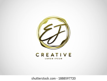 Initial EJ Handwriting Stylish Signature, Circle Abstract Gold, Template Logo Vector.