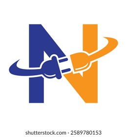 Initial Electric Logo On Letter N Concept With Electric Plug Symbol Vector And Template