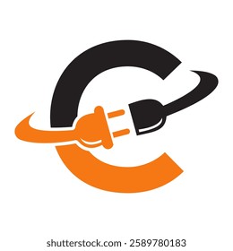 Initial Electric Logo On Letter C Concept With Electric Plug Symbol Vector And Template