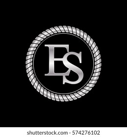 initial es logo silver metallic with metal circle rope frame border decorative