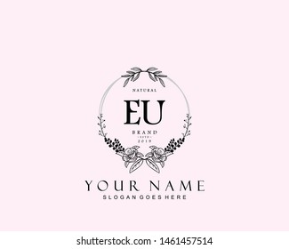 Initial EU beauty monogram and elegant logo design, handwriting logo of initial signature, wedding, fashion, floral and botanical with creative template.