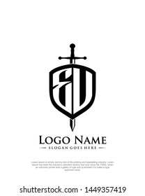 initial EU letter with shield style logo template vector