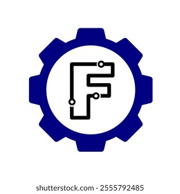 Initial F Gear mechanic technology vector logo template. Letter F modern logo clip art suitable for mechanic bussiness. black blue gear symbol