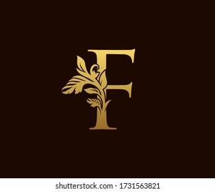 Diseño inicial del logotipo de F Gold Leaf. Estilo elegante.  Emblema pintado de época para el diseño de libros, adorno de bodas, nombre de marca, sello de carta, Restaurante, Boutique, Hotel.  