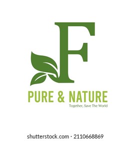 Initial F Green Letter and Leaf for Modern Beauty Nature Cosmetic, Vegan, Environmental, Nutrition Consultant Service Company Logo Idea