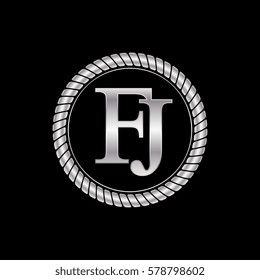 initial f and j logo silver metallic with metal circle rope frame border decorative