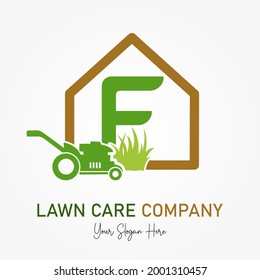 Initial F Latter with Mower Machine for Lawn Care Service Company Logo. Landscaping Lawnmower Home Maintenance  Business Branding