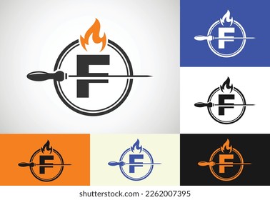 Initial F letter alphabet with a skewer and fire flame. Logo design for Barbecue, Seekh Kebab, etc.