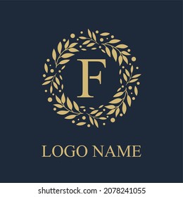 Initial F Letter in Circle Leaves Wreath Frame for Cosmetic, Make up, Fashion, Hotel, Resto, Resort, Real Estate, Apartment Business Logo Vector Template