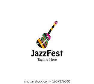 Initial F letter With Colorful Guitar Strips Shape. Music Logo Concept.