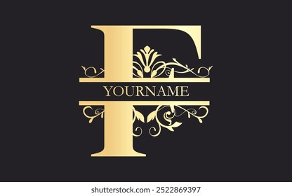 Initial  F letter floral Split Letter Monogram,luxury Wedding invitation Monogram Design,gold color on black background