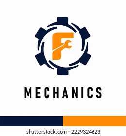 Initial F Letter with Gear and Wrench symbol for mechanic automotive repair business service logo template