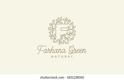 F inicial o letra F con ornamento de planta hoja en círculo lujo moderno logo vectorial diseño de icono 