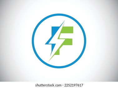 Initial F letter logo design with lighting thunder bolt. Electric bolt letter logo vector 