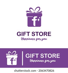 
Letra inicial f sobre caja de regalo para el logotipo comercial de tienda de regalos sencillo y moderno. Plantilla de diseño de logotipo de tienda de artículos de juguetes de sorpresas