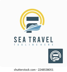 Initial F Letter with Ship Marine, Wave and Sun Icon for Travel Holiday Agency Business Logo Idea Template