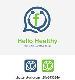 Initial f Letter with stethoscope and bubble speech for health care consultant service business logo design template. Hospital Clinic Call Center Icon Symbol design template.