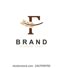 Initial F Letter with Wheat Grain for Bakery, Bread, Logo Design Vector Icon Illustration