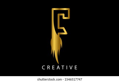 Initial F Logo Icon Design With Gold Fire Flame. Creative Look Vector Illustration in Gold Colors